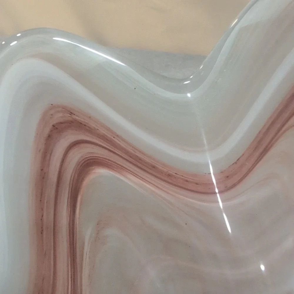 Art Glass Ruffled Bowl Mauve White Swirl Hand Blown Centerpiece - Picture 3 of 6
